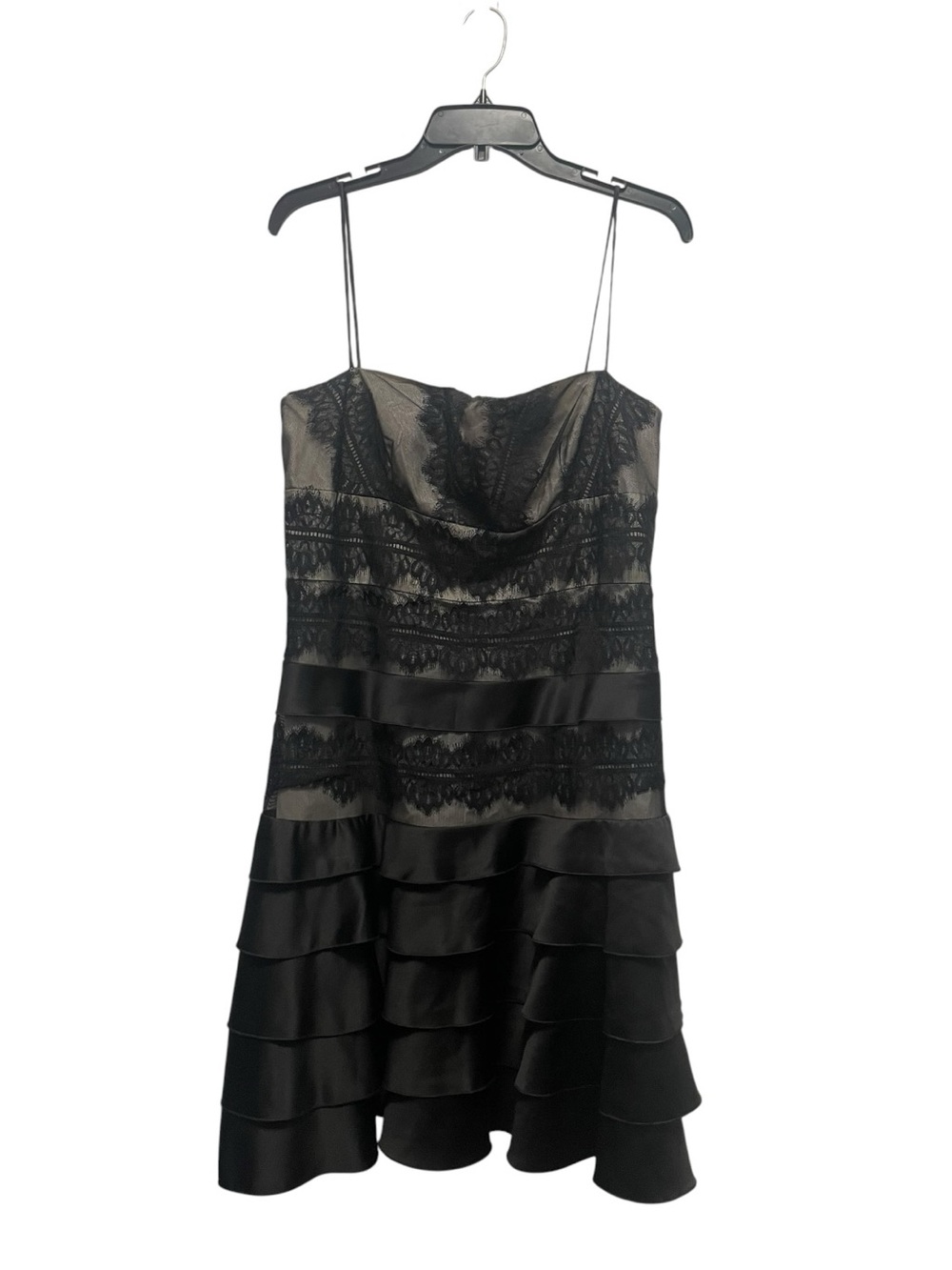 JS collections 14 black cocktail dress layered lace bodice tiered ruffle skirt